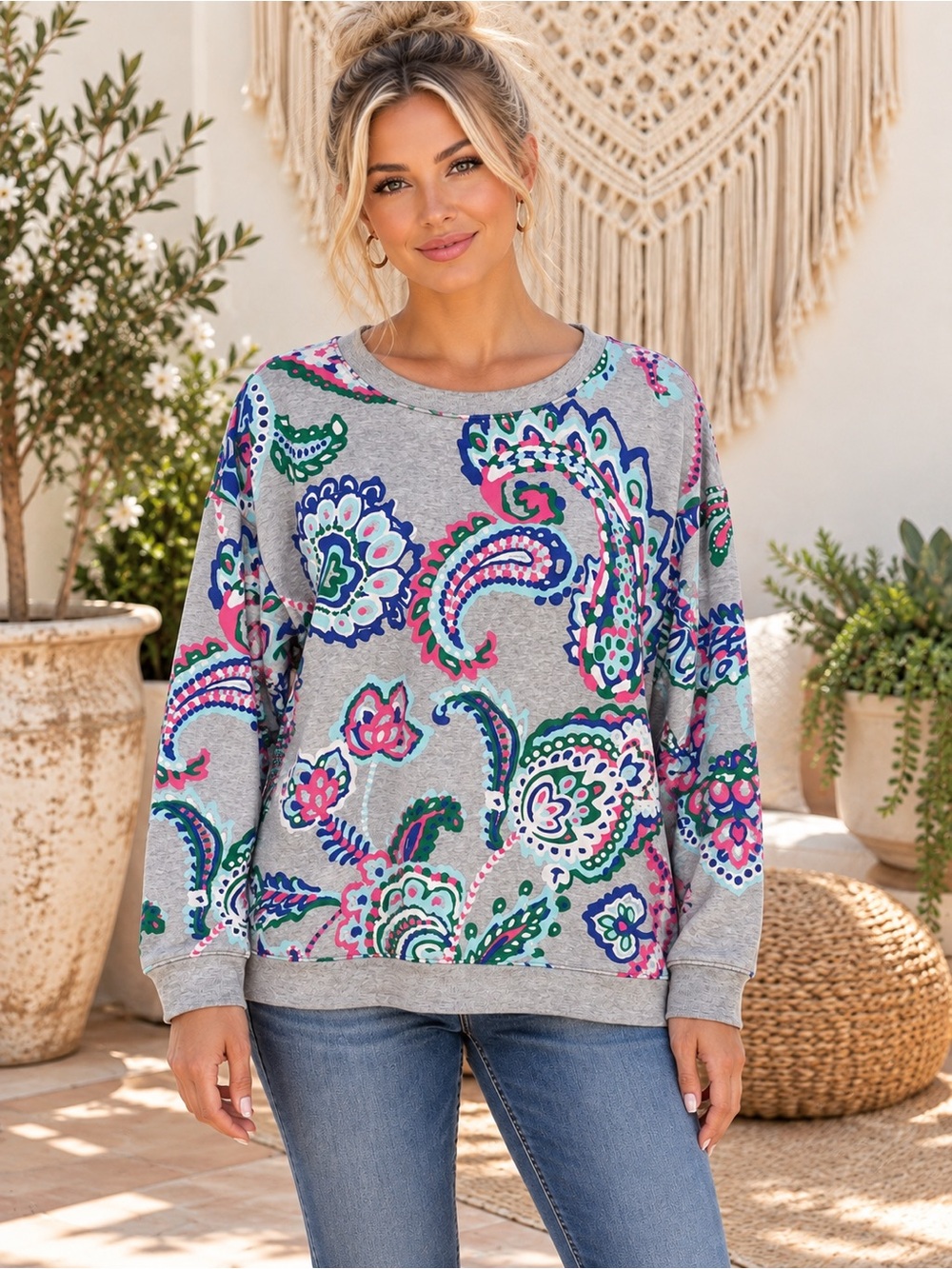 Talbots Gray Paisley Crewneck Sweatshirt Size Large Petite